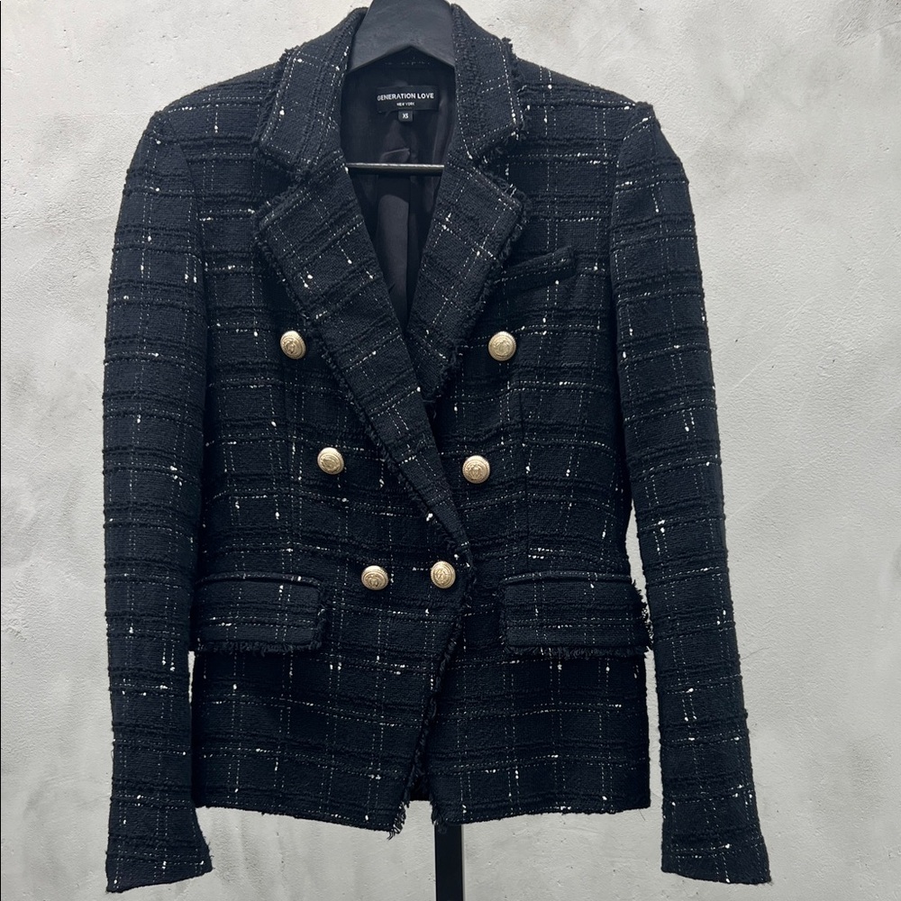 Generation Love Black Tweed Double-Breasted Blazer with Gold Buttons